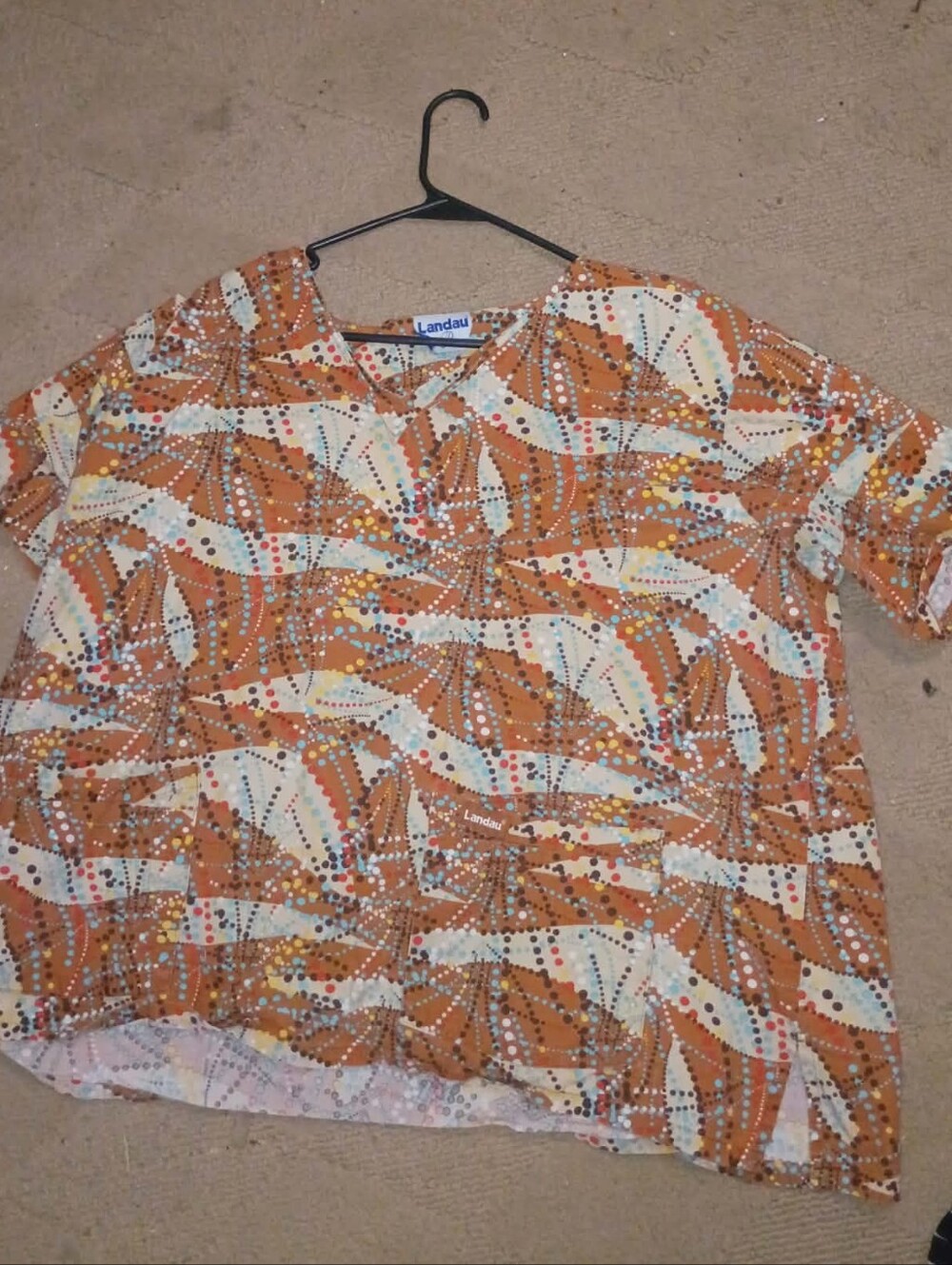 Landau Orange Cream Printed Scrub Top with Multi Dot Pattern